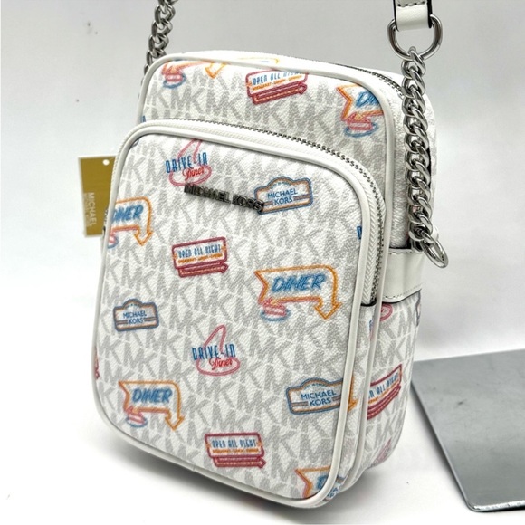 Michael Kors Jet Set Medium Printed Signature Logo Crossbody Bag Optic White - Picture 3 of 9